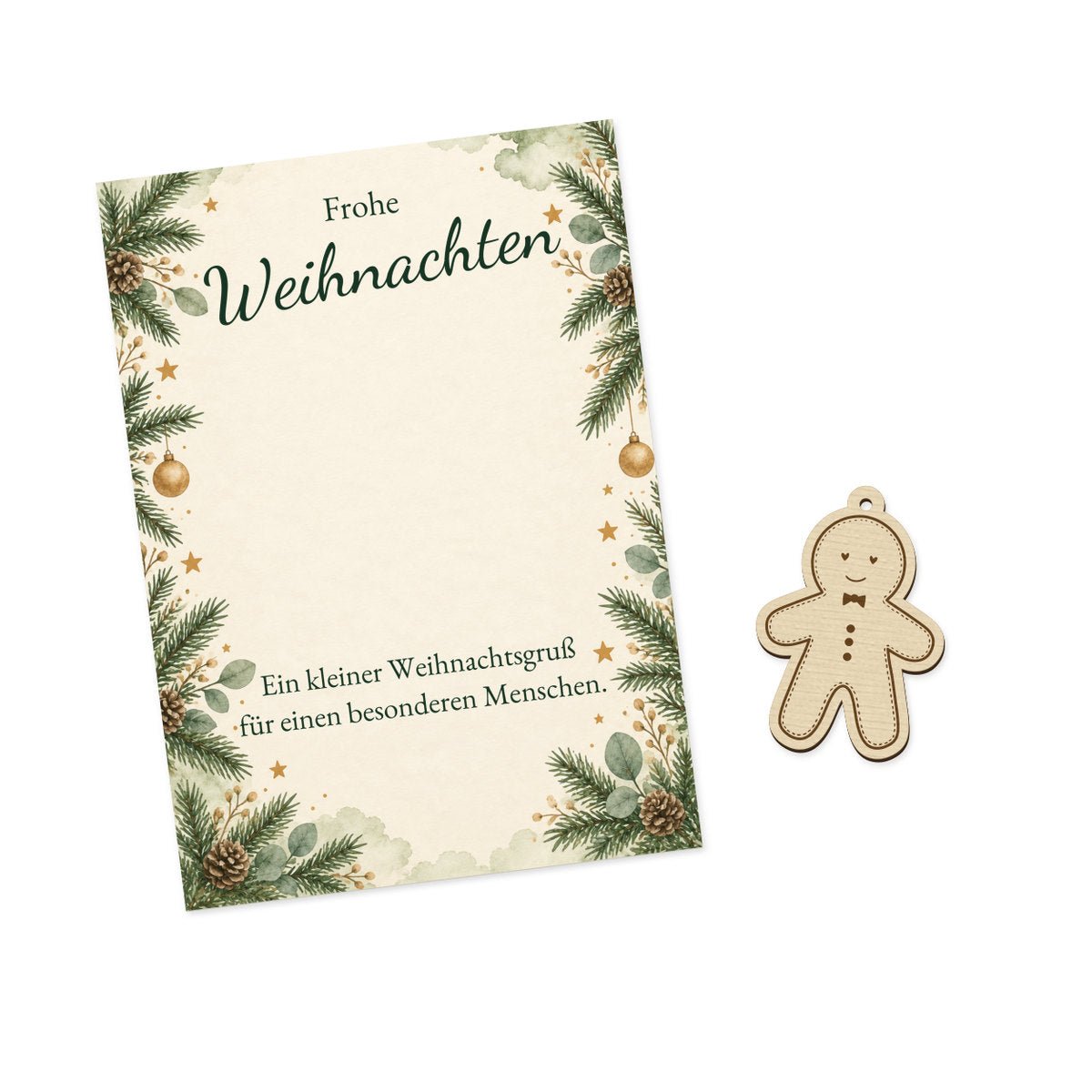 Weihnachtskarte mit Holzmotiv und Lebkuchenmann mit Schleife und Knöpfen nebeneinander auf weißem Hintergrund