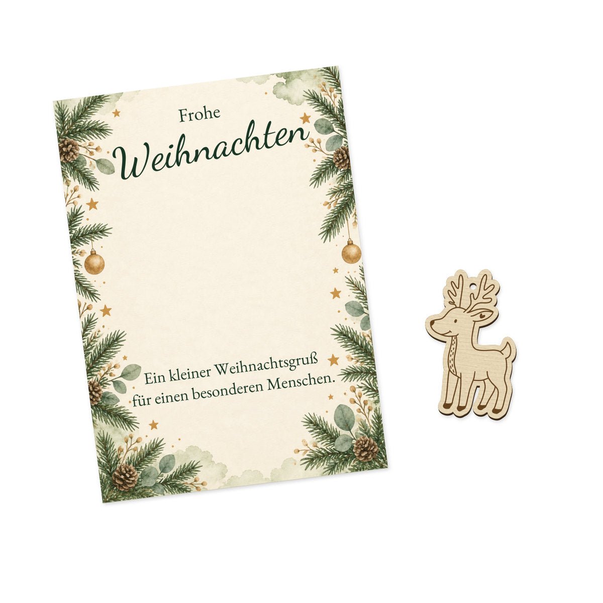 Weihnachtskarte mit Holzmotiv und Stehendes Rentier mit Geweih und Halsband nebeneinander auf weißem Hintergrund