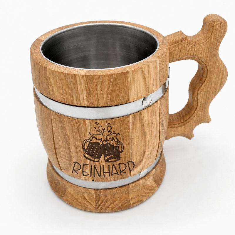 Holz-Bierkrug „Prost“ mit Edelstahleinsatz als Geschenk für Bierliebhaber