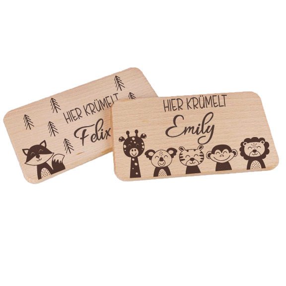 Holzbrettchen mit Safari-Tiermotiv und Namensgravur – ideal für Kinderfrühstück